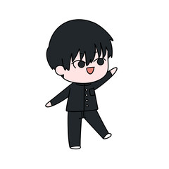 A cartoon boy is wearing a black outfit and is waving