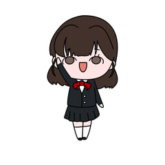 A cartoon girl is wearing a school uniform and is waving