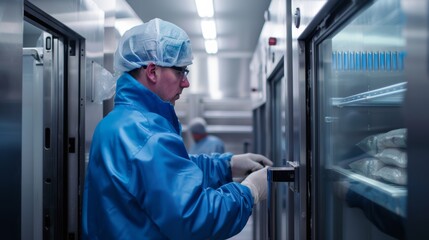 Technician maintaining refrigeration equipment in a meat freezing room, ensuring consistent cold temperatures for meat storage.