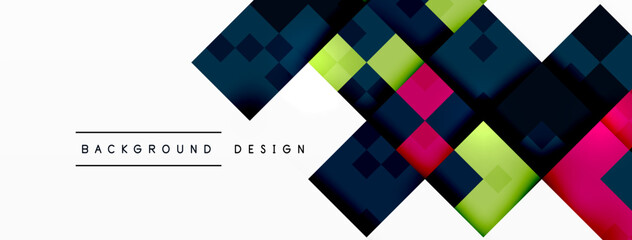 A creative arts design featuring squares, rectangles, and triangles in tints and shades of electric blue and magenta on a white background, with a patterned sleeve in a unique font