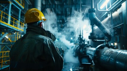 Mechanical engineer inspecting steam traps and pipelines for leaks and blockages, optimizing steam distribution in the power plant.