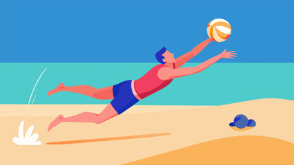 Sand flying up from the perfectly timed dive of a beach volleyball player as they lunged to save an incoming spike.. Vector illustration