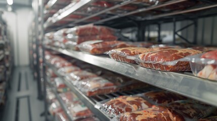 Industrial meat freezing room filled with rows of packaged meat products, demonstrating large-scale food storage in the meat industry.