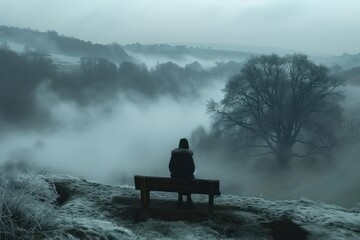 A lone figure sits on a bench in the middle of a foggy landscape