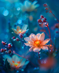 A close up of flowers with water droplets.