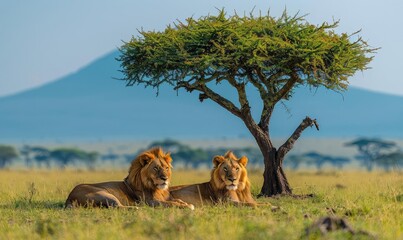 Two male lions resting under a tree in the savanna. The lions are both looking in the same...