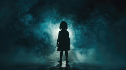 silhouette of a little girl emerges from a luminous room with smoke in the dark. The concept of children's fears and mysticism