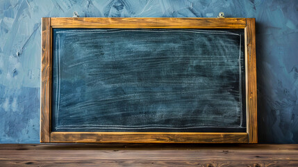 A wooden table with a chalkboard on it.