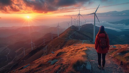 Obraz premium A young woman standing on a hilltop overlooking a wind farm