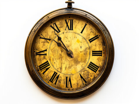 A large clock with roman numerals on a white wall.