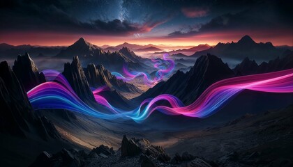 Futuristic landscape with neon light flow and cosmic sky