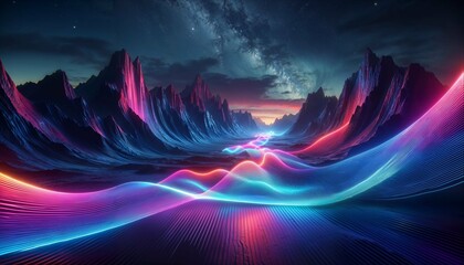 Futuristic landscape with neon light flow and cosmic sky
