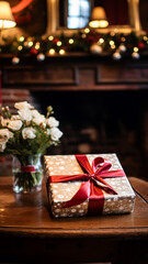 Naklejka na ściany i meble Christmas gift box near cosy fireplace in the English country cottage, winter holidays, boxing day celebration and holiday shopping inspiration