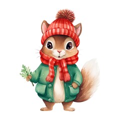 Obraz premium Cute cartoon squirrel in winter clothes. Watercolor illustration on white background.