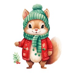 Obraz premium Cute squirrel in winter clothes. Watercolor illustration on white background.