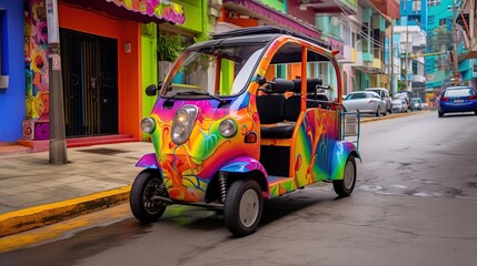 Futuristic design of a small multicolor electric micro car for two people