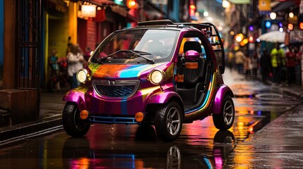 Futuristic design of a small multicolor electric micro car for two people