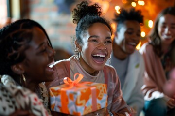 Close-up of a woman's delighted expression as she opens a present surrounded by loved ones at a celebratory gathering.
