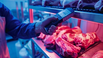 Close-up of a meat technician using a barcode scanner to track inventory in a freezing room, managing stock levels for efficient supply chain operations.