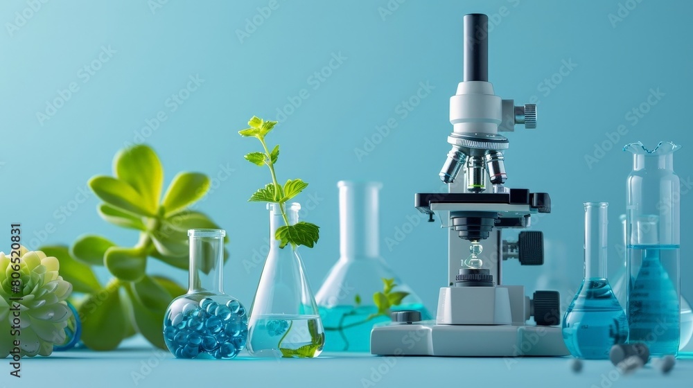 Poster a microscope and experiment equipment in laboratory.
