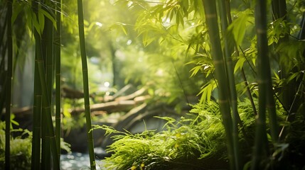 Panoramic view of green bamboo forest with sunlight in the morning
