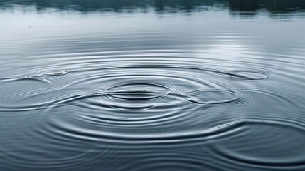 A panoramic view of raindrops creating concentric circles on a smooth pond, the gray overcast sky reflecting in the water, highlighting the beauty of nature's simplicity. 