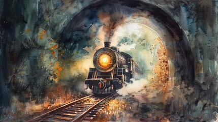 Naklejka premium Gentle watercolor of a steam train emerging from a tunnel, the headlight piercing the night and illuminating the track ahead