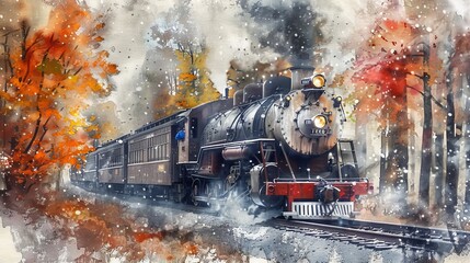 Artistic watercolor depicting an old steam engine emerging from a misty forest, the fall colors muted and ethereal in the morning light