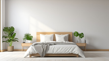 Minimalist bedroom with white bedding and green plants,