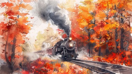 Artistic watercolor depicting an old steam engine emerging from a misty forest, the fall colors muted and ethereal in the morning light