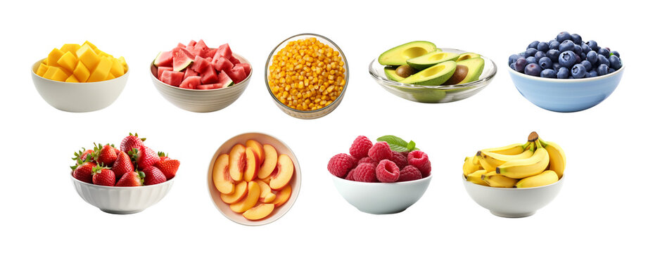 Set of fresh ripe fruits in bowl isolated on transparent background,with mango,blueberry,strawberry,watermelon,sweet corn,avocado,banana,peach and raspberry for healthy food concept.