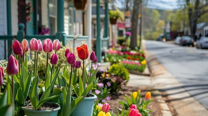 Fototapeta premium Beautiful streets in old American small town on sunny spring day. Landscaping design with colorful tulips in small city. The day before Easter in Hendersonville, North Carolina