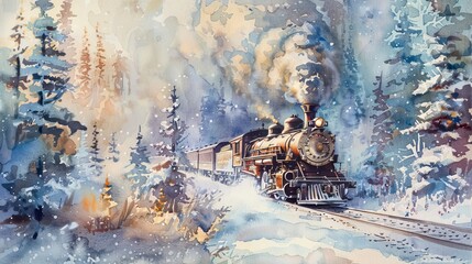 Dynamic watercolor of a diesel train emerging from a foggy winter morning, the icy mist and steel tracks creating a mysterious atmosphere