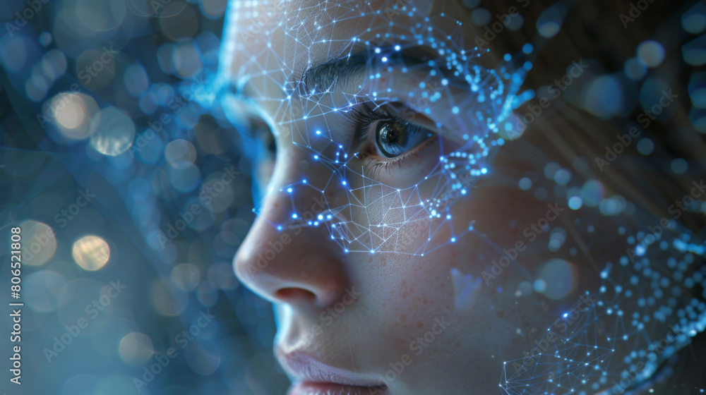 Aufkleber close-up of a woman with digital network patterns overlaying her face, representing advanced technol