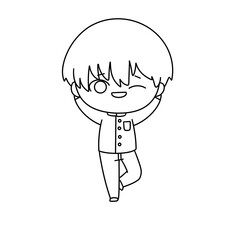 A cartoon boy is standing with his arms outstretched and smiling