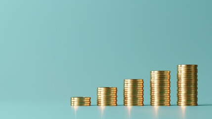 gold coin columns placed in a row over a blue plain background, business or economy growth analysis graph with coins, business finance stack of coins, cash flow in economy, investment growth 