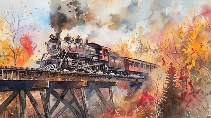 Gentle watercolor illustration of a steam train crossing an old bridge, the rustic metal and wooden structure framed by fall colors