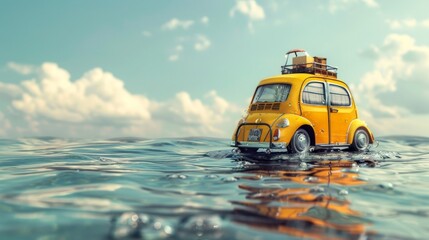 A yellow car on water.