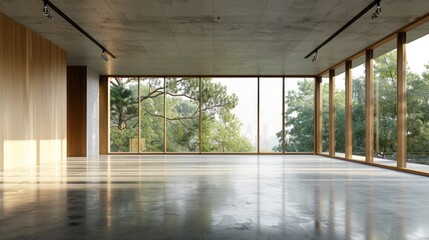 Empty room with panoramic window nature view