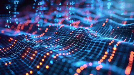 Fototapeta premium An abstract digital landscape with vibrant blue and red nodes and undulating grid lines symbolizing data flow.
