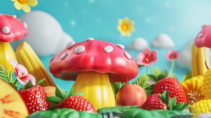 Obraz premium A strawberries, an apple with a leaf, mushrooms on the ground.