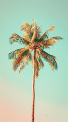 This minimalist composition features a single palm tree standing against a clear sky background, captured in a flat lay perspective. The image evokes a vintage vibe with a subtle color filter effect