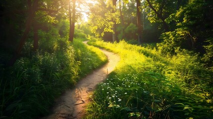 Fototapeta premium A winding trail through lush greenery bathed in morning sunlight. . 