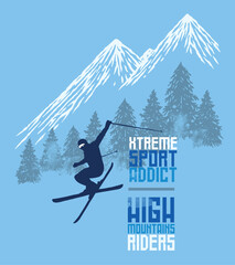 Handmade vector illustration of skier with trees and snowy mountains in the background.
