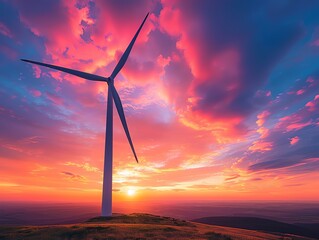 Capture the majesty of a wind turbine, towering against a vibrant sunset sky in photorealistic detail, embodying the fusion of nature and technology