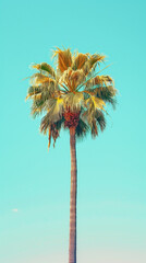 Obraz premium This minimalist composition features a single palm tree standing against a clear sky background, captured in a flat lay perspective. The image evokes a vintage vibe with a subtle color filter effect