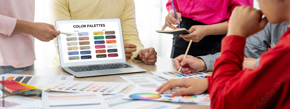 Poster a portrait of creativity graphic designer team select appropriate color for the project by using lap