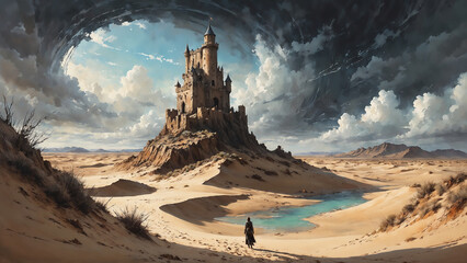 Ancient old sandstone castle ruins high above a rocky cliff in a sand dune desert landscape, majestic storm clouds encircle the fortress with a lone adventurer walking towards it.
