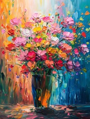 Abstract and charming oil painting, Mother's Day theme with carnations using a palette knife, on a vibrant background with colorful highlights