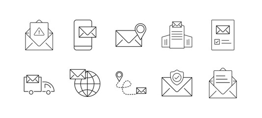 Set of postal service outline icons with Editable stroke. postal service, delivery, mail, post, envelope, shipping, parcel, courier, postage, letter, transport, truck, stamp, sorting, route, mailman,